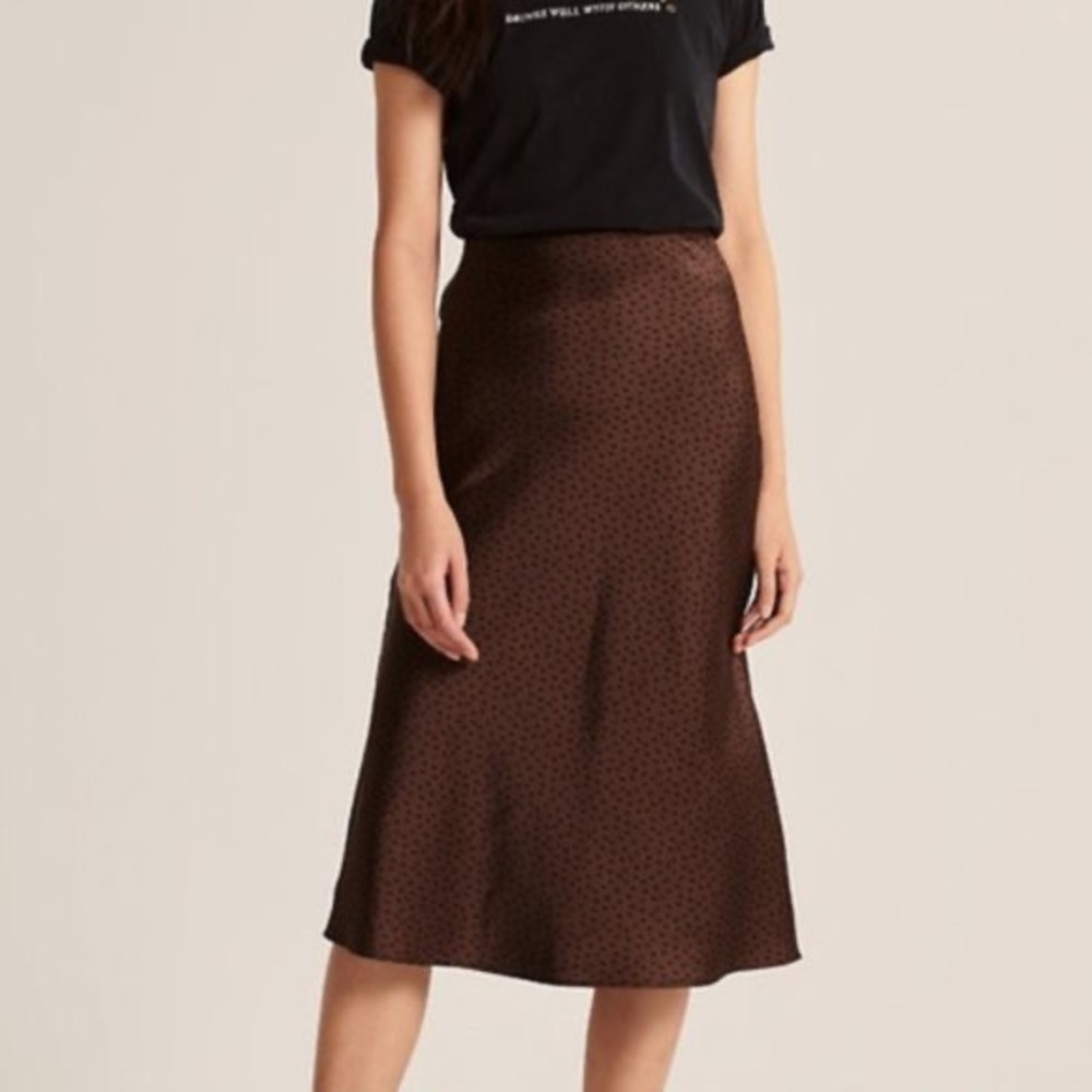 abercrombie and fitch satin dark brown and black polka dot print midi skirt